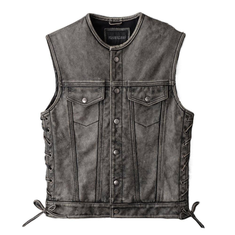 Винтажный Серый Натуральный Коровьей Кожи Мотоциклетный Жилет для Мужчин Коровья Кожа Без Рукавов Куртка Байкерский Жилет для Езды Весна M