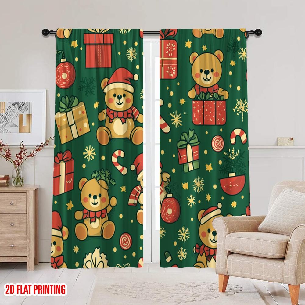 2 Stück, 2D-Flachdruckmuster Vorhänge Weihnachts-Bären Festliche Geschenke (2) 100% Polyester (ohne Stange) Feiertagsnutzung für Schlafzimmer,