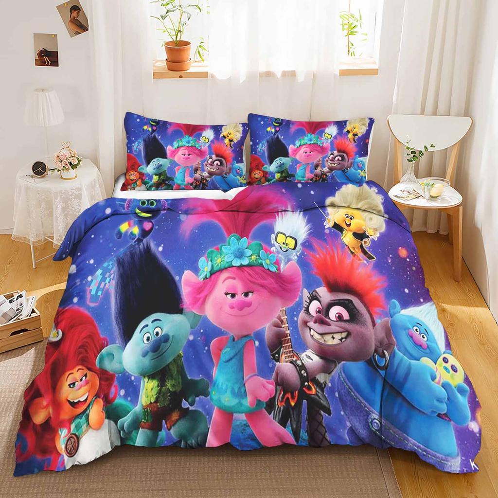 Trolls Geprint Polyester Kinderen 3D Kinderen King Size Beddengoed Dekbedovertrek Set Schattig Geprint Cartoon Dekbedovertrek Huis