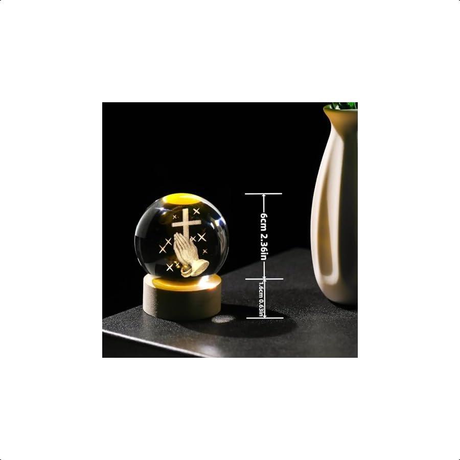 3D Cross Crystal Ball Figurine with Wooden Light Base Laser Engraved Praying Hands Religious Gifts for Women Men Christian Gift