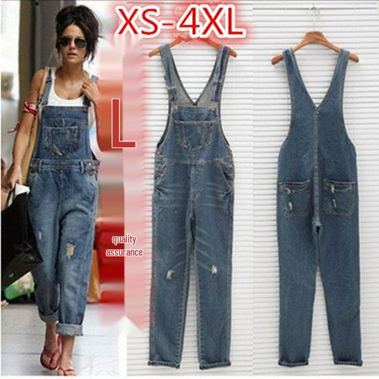 European and American Loose Large Size Ripped Shoulder Denim Jumpsuit Overalls