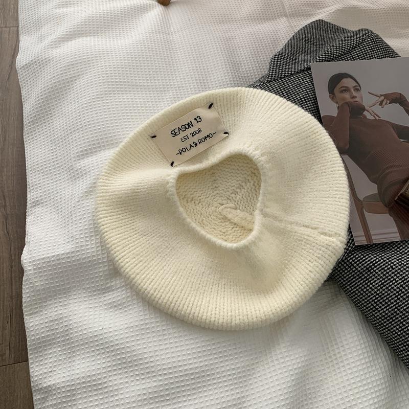 Porridge Cocoa Knitted Hat Woolen Hat Label Beret Women Autumn and Winter Versatile Warm Big Head Painter Hat