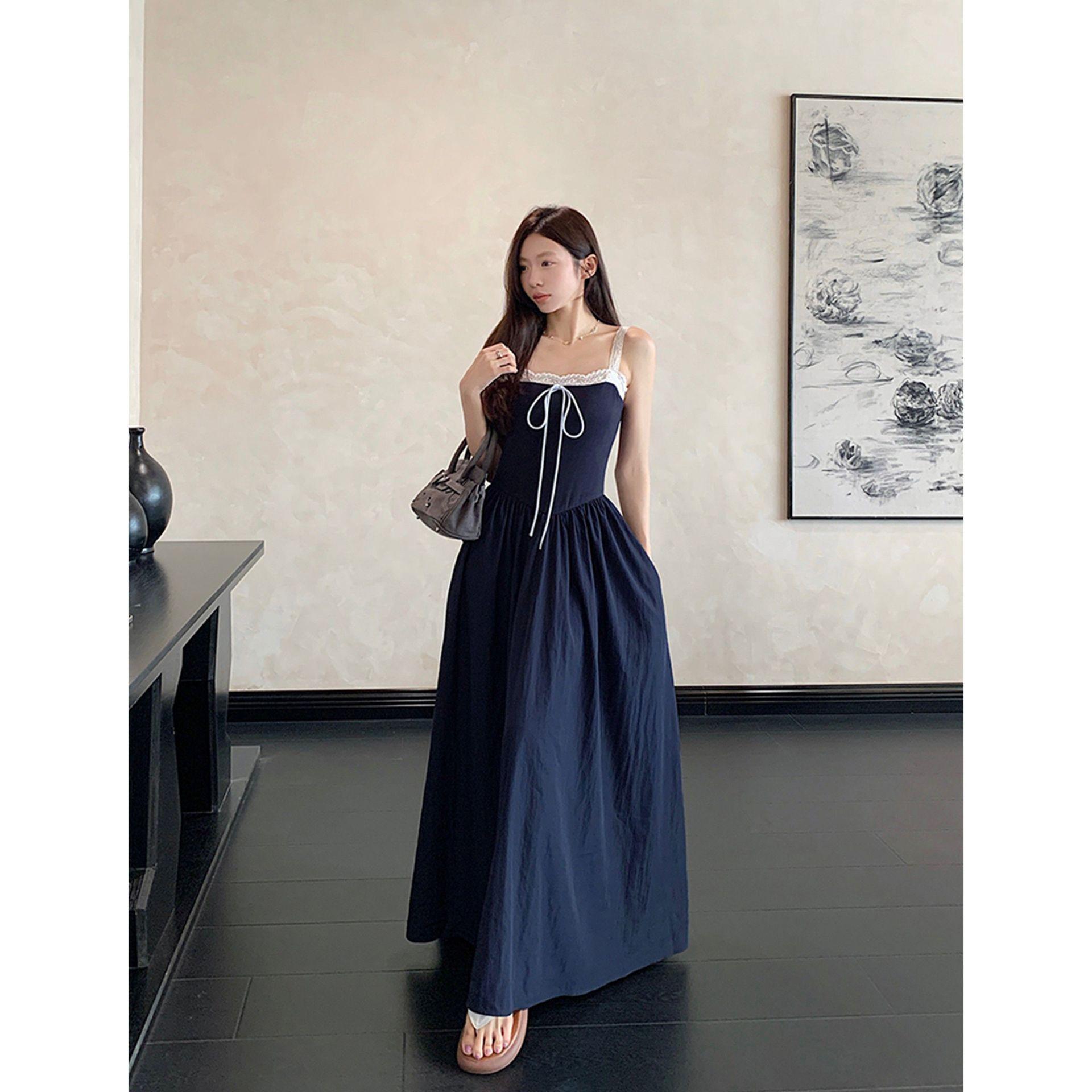 Design-Sense Lace Patchwork Tie-Up Camisole Dress, Women s 2025 Summer Chic Slimming Long Dress L
