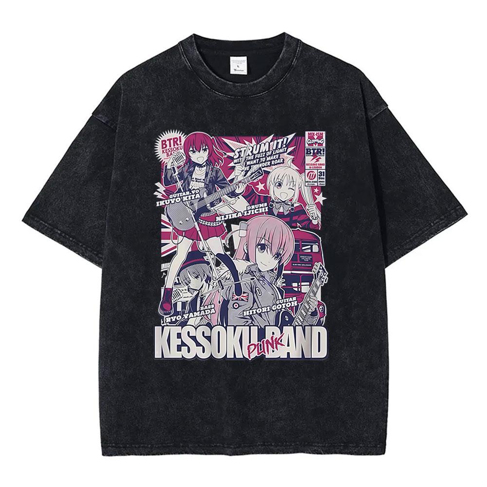 Gewaschenes Vintage Anime Bocchi The Rock Gotoh Hitori Grafik T-Shirt Herren Damen Freizeit Baumwolle Übergroße T-Shirts Streetwear Unisex