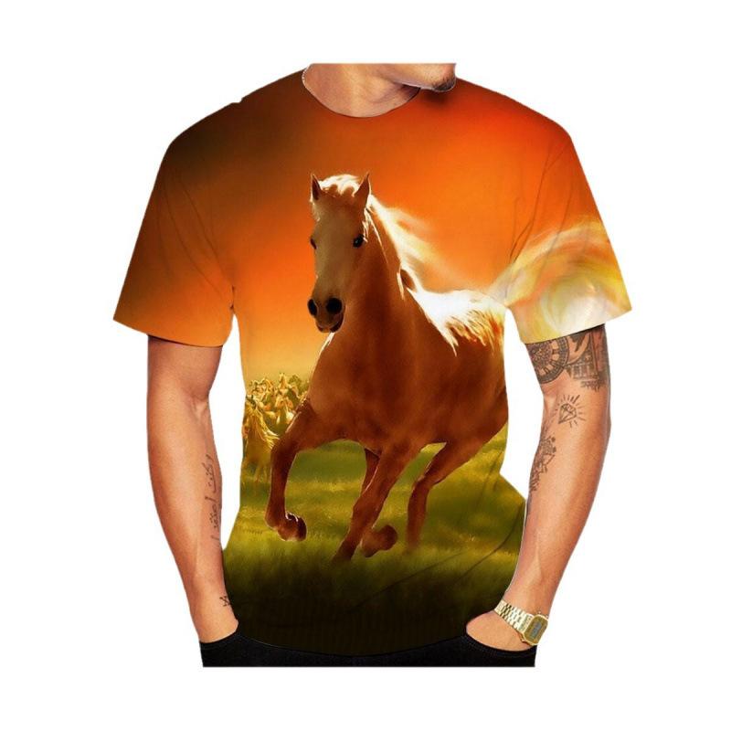 Summer Round Neck 3D Horse Pattern Print Top Fashionable Casual Short Sleeved Men's T-shirts