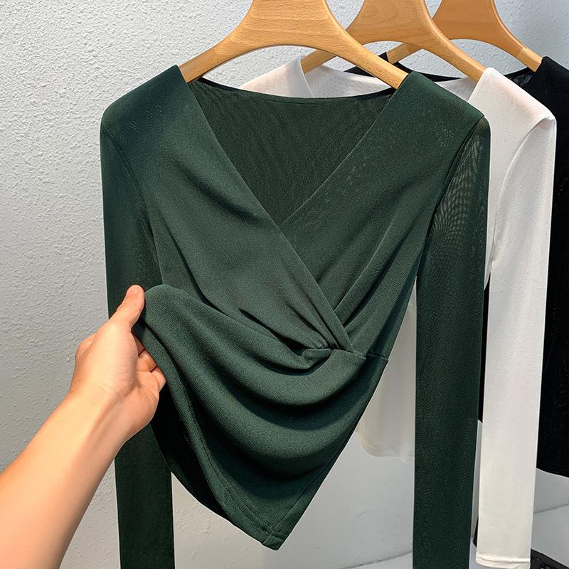 

Рубашка из сетчатой ткани с V-образным вырезом для женщин на весну и осень. Новая обтягивающая футболка с длинными рукавами для женщин. Уникальная обтягивающая рубашка для женщин. 3XL