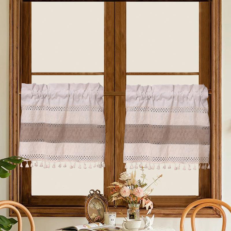 New linen cotton splicing rod short curtain kitchen curtain log wind short curtain solid color partition curtain