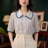 Women's Blue White Stripe Embroidery Eyelet Doll Collar Contrast Trim Puff Short Sleeve Blouse