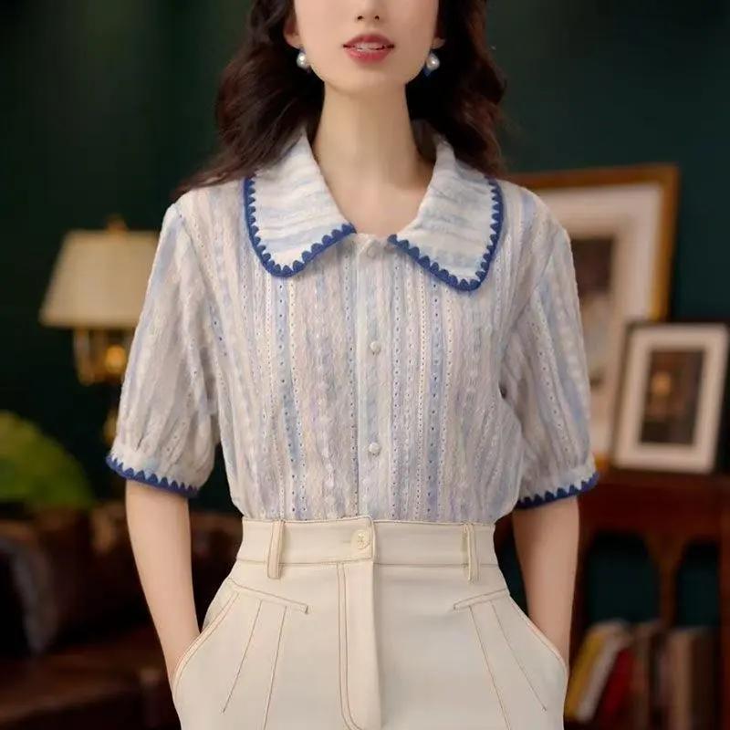Women s Blue White Stripe Embroidery Eyelet Doll Collar Contrast Trim Puff Short Sleeve Blouse S синий/белый