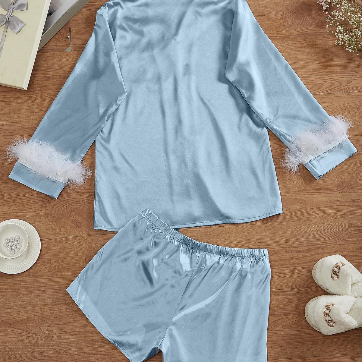 

European and American new sleepwea home comfort two-piece set solid color fun S синий