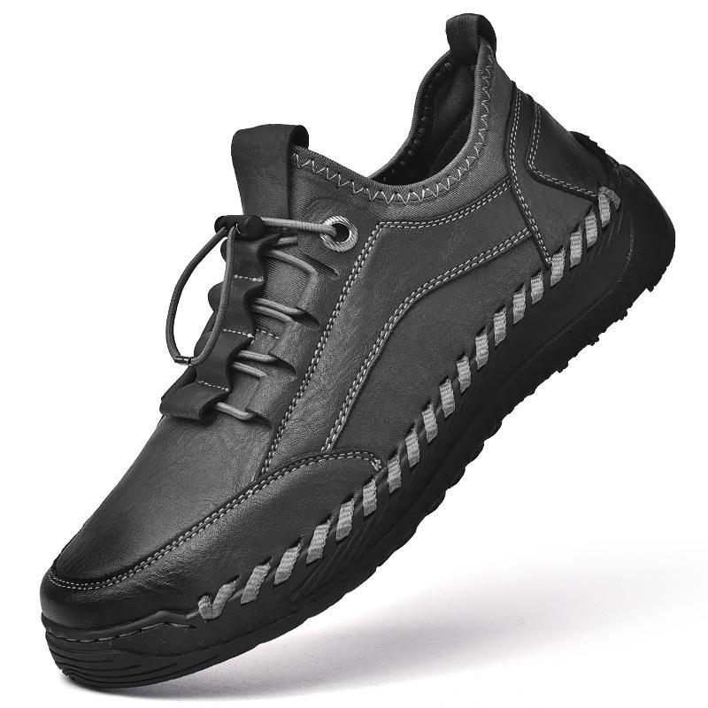 Men's Lazy Elastic Band Stitching Leather Shoes - Stylish Low-top Slip-On Sports Sneakers for Spring and Autumn.