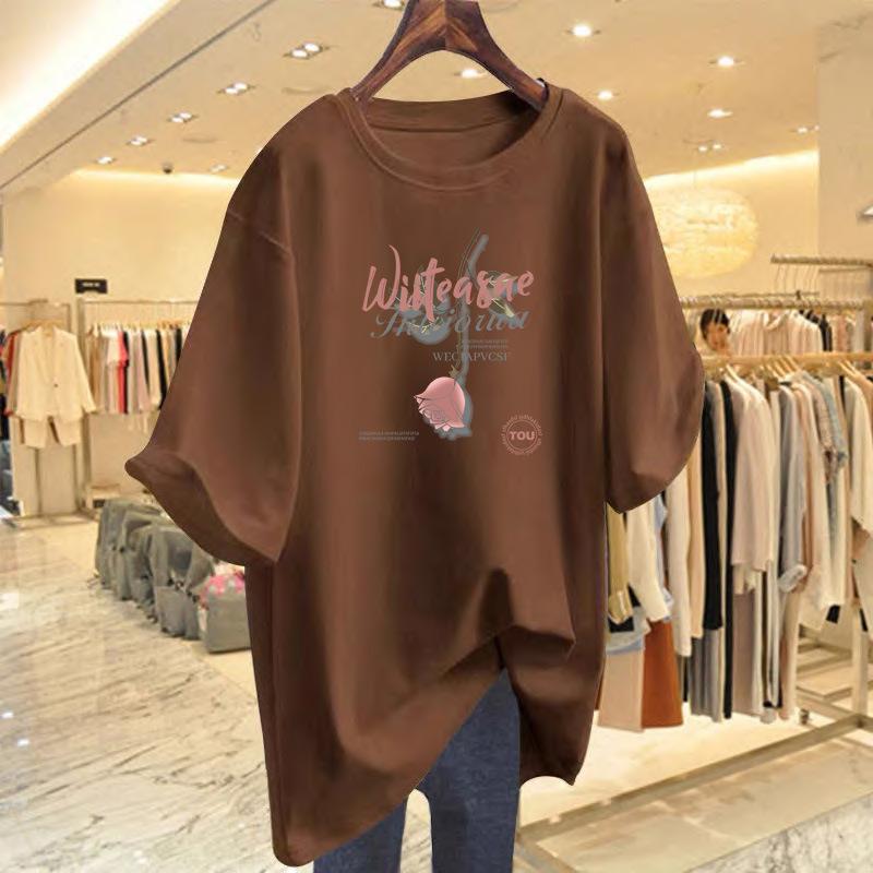 

Rose print cotton short-sleeved t-shirt women s summer American ins street loose student versatile t-shirt top XXXL