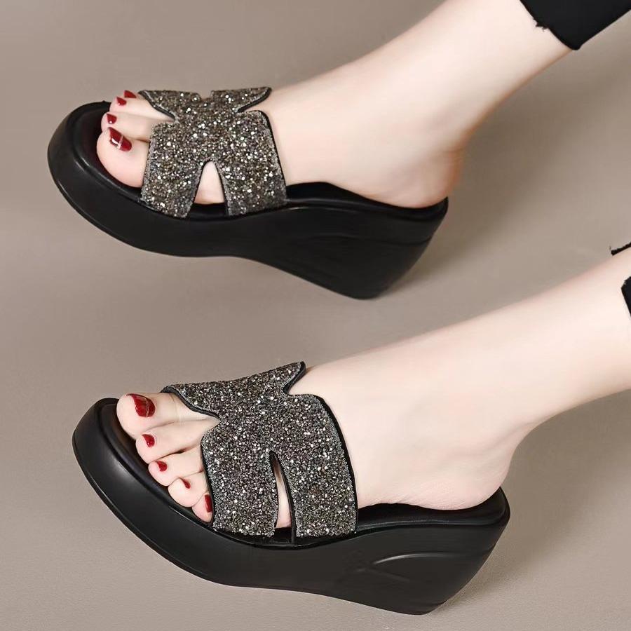 Slope heel rhinestone cool slippers women's high heel soft leather Korean version thick bottom H half drag summer outer wear muffin bottom one-word d