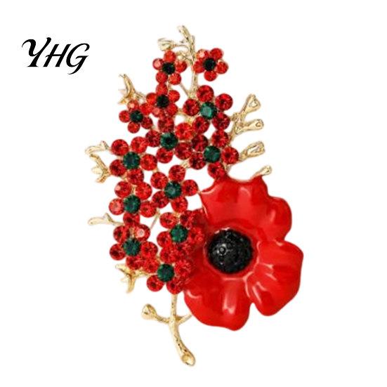 Red Flower Lapel Pin Never Forgotten Victory Blossom Brooch, Alloy Memorial Badge with Rhinestone, Jewelry for Veterans Rhinestone