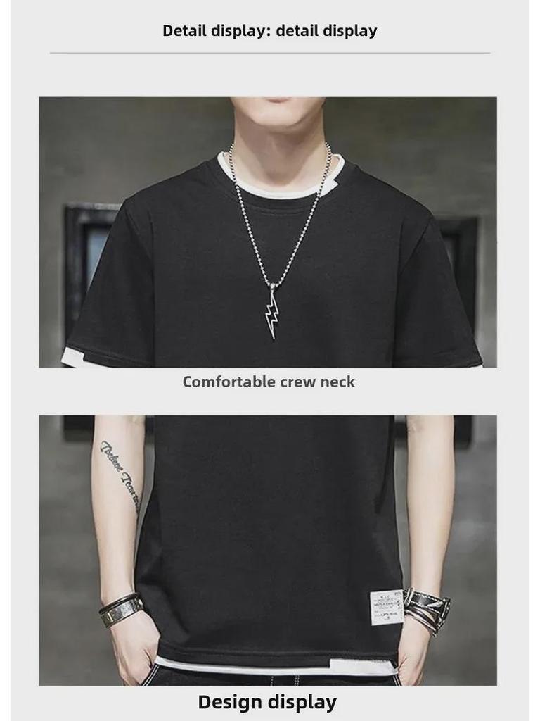 Men's Short-Sleeve Two-Piece Look Cotton T-Shirt, Loose & Breathable Hong Kong Style, Comfortable Spring/Summer Casual Innerwear Trend