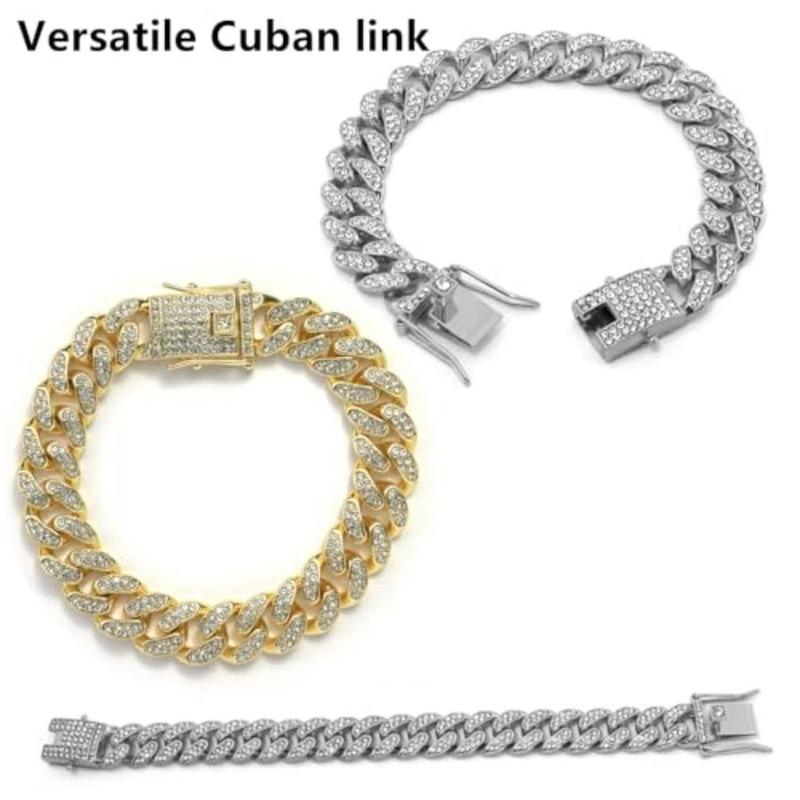 Cat Chain Collar, 2 Pcs Diamond Cuban Link Kitten Walking Collar with Secure Buckle Pet Rhinestones Necklace Metal Chain Jewelr