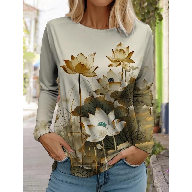 Women's Fashion Retro Tops Long Sleeve Round Neck Pullover Casual Long Sleeve T-shirt 3d Printed Lotus Print T-shirt