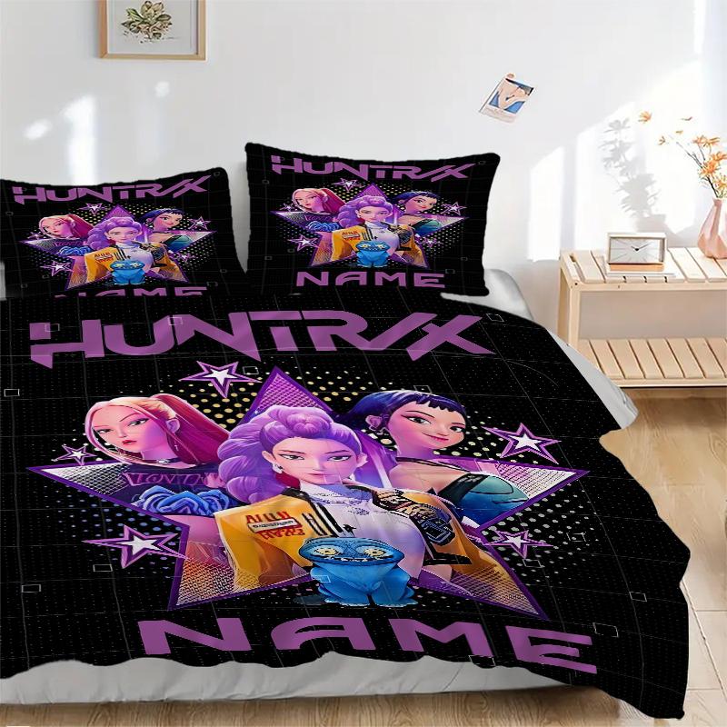 Custom Name Huntrix Name Bedding 3 Piece Set HD Print Duvet Cover Pillowcases for Teens Adult Bedroom Decoration