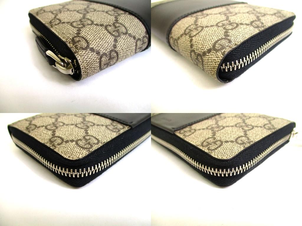 Authentic GUCCI Beige GG Coating Canvas Black Leather Round Zip Long Wallet #b097  Open Box