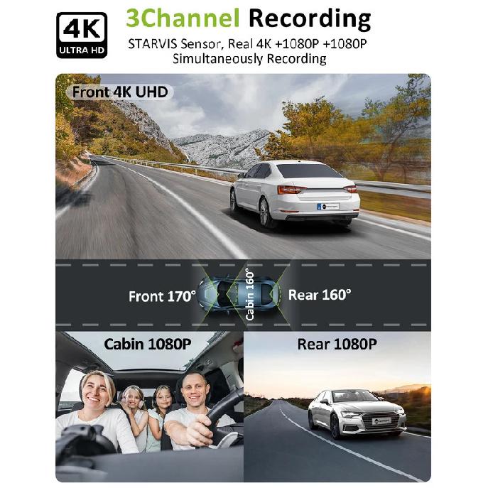 

4k 3 channel dash cam , Starvis sensor dash camera front rear,24/7 parking mode,night vision ,64GB card included 64G