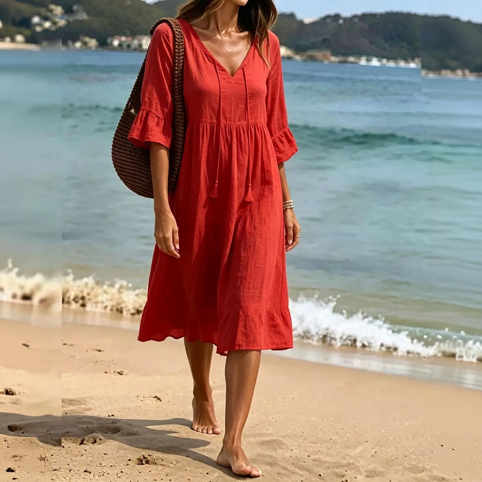 Women s A-Line Midi Dress with Tassel - Casual Summer Vacation Beach Dress XXXL