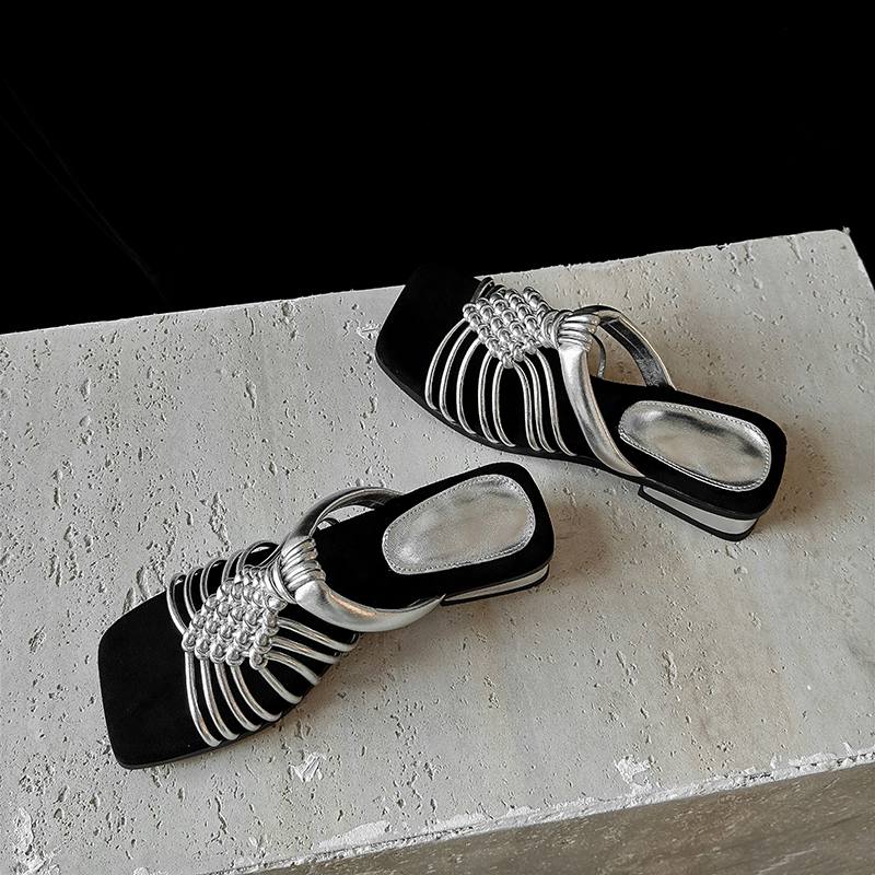 Krazing Pot Straw Weaving Summer Size 40 High Quality Slip on French Chic Thick Heels Women Peep Toe Sandals