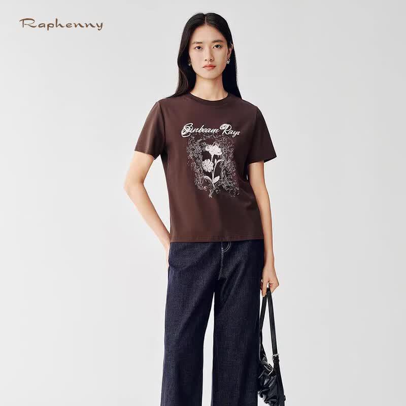 Raphenny Women s Vintage American Crew Neck Printed T-Shirt XL кофейный