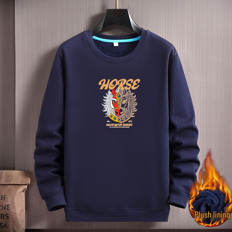Men's Korean Style Winter Velvet Hoodie - Year of the Horse Design
