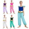 Fete costum arab cu mâneci zburătoare, paiete strălucitoare, ciucuri, talie, crăpături laterale, șifon, pantaloni lungi, salopetă