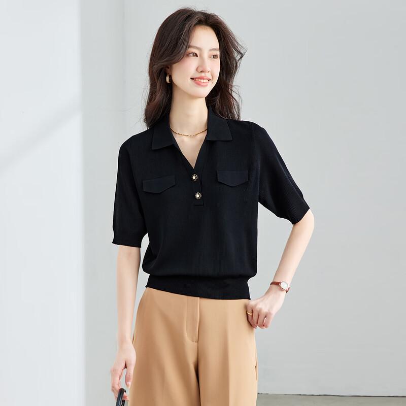 CARBAMMI Women's Ice Silk Knit Short-Sleeve Cropped Polo T-Shirt
