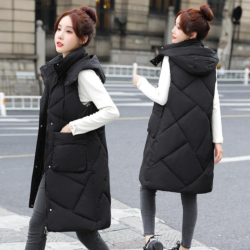 Autumn and winter new medium and long thin large size hooded thickened down cotton jacket vest women's vest vest tide