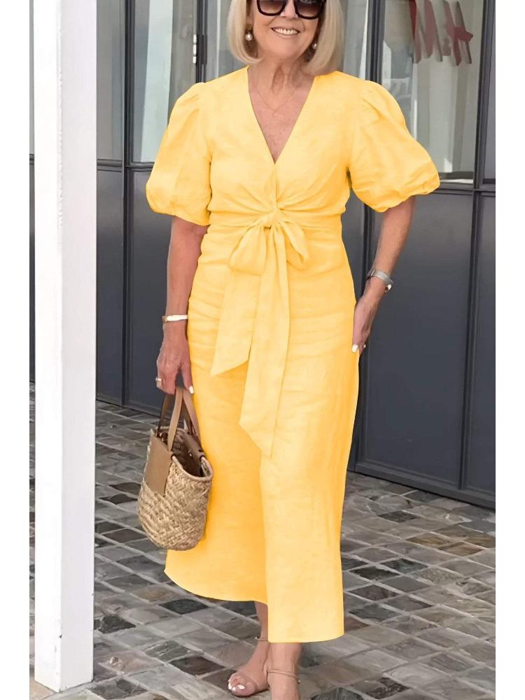 Women's Spring Summer Art Deco-inspired Vintage V-neck Lace-up Puff-Sleeve Cotton A-line Solid-Colour Dress