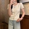 Summer Fashion Single-breasted V-neck Split-shoulder Women's Short-sleeved T-shirt, High-end Temperament Short Top 2761#
