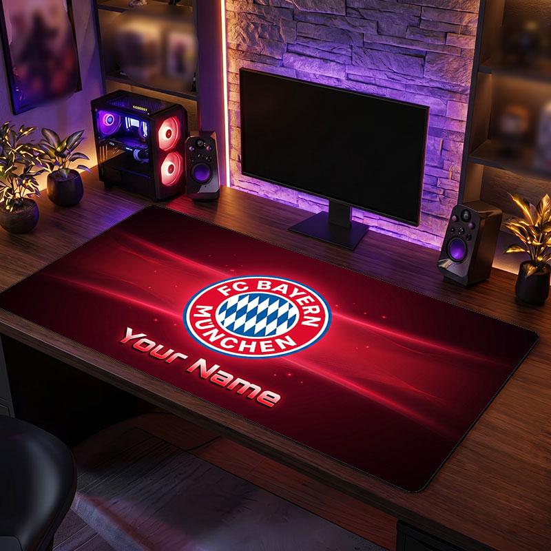 Bayern Munich Custom Large Mouse Pad, Personalized Name Text Print, Football Logo Non‑Slip Desk Mat Gaming Gift