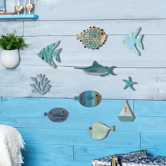 10Pcs Wooden Fish Wall Decoration School of Fish Beach Lake House Bathroom Wall Art Nautical Coastal Ocean Theme Hanging Ornament