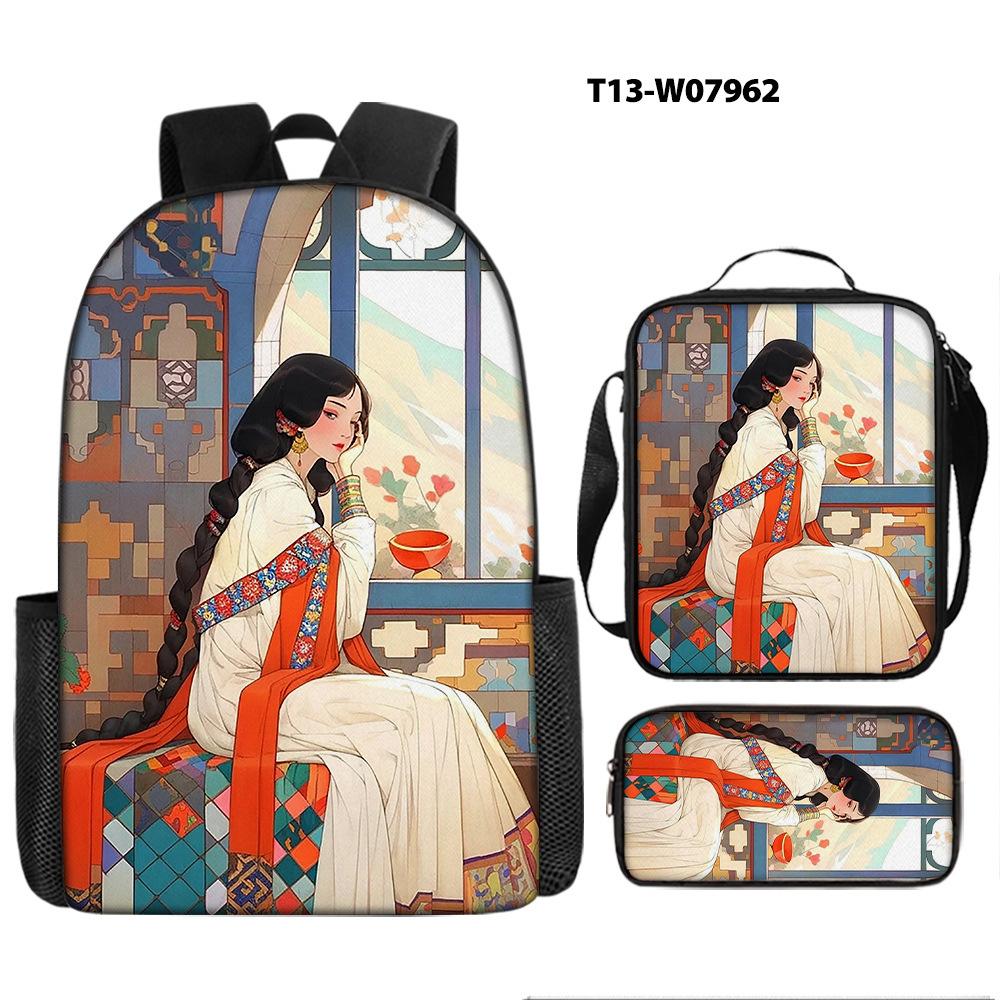 African Girl Schoolbag Three-piece Set, Primary School Students Backpack, Computer Bag, Large Capacity