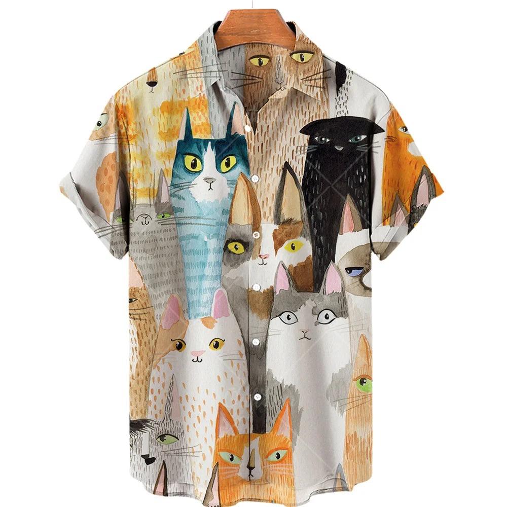 Cute Cat Pattern Print Men Short Sleeve Shirt Summer Men Fashion Loose Shirt Tops