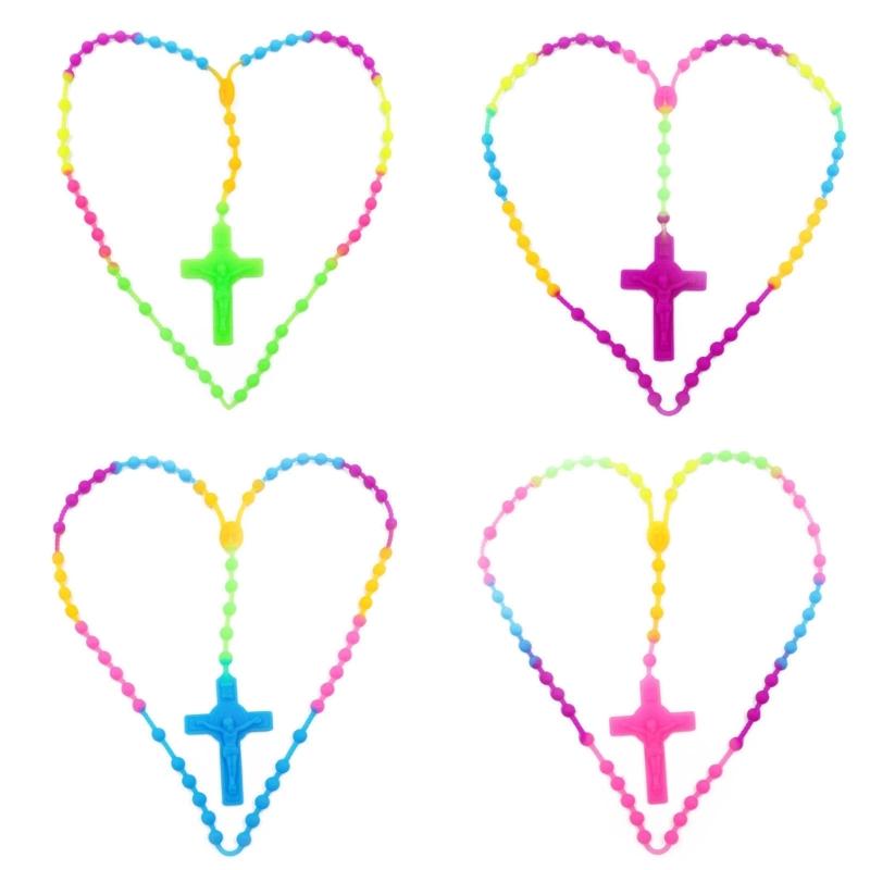 Fashion Rosary Beads Cross Pendant Necklace Women Link Chain Plastic Material Necklace Girl Religious Jewelry Party Gift