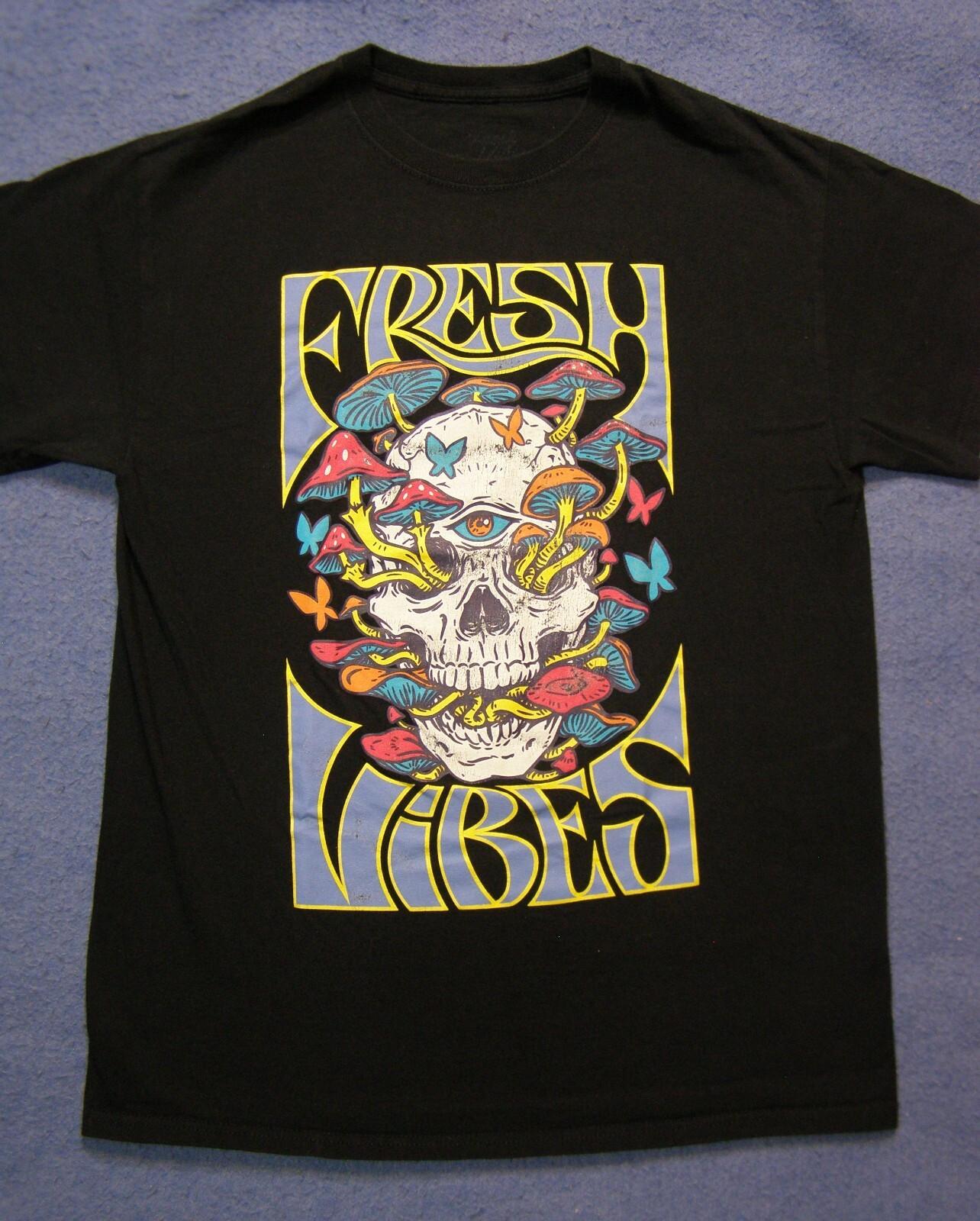 Fresh Vibes T-Shirt Third Eye Skull with Colorful Mushrooms Black Shirt Size M S разноцветный