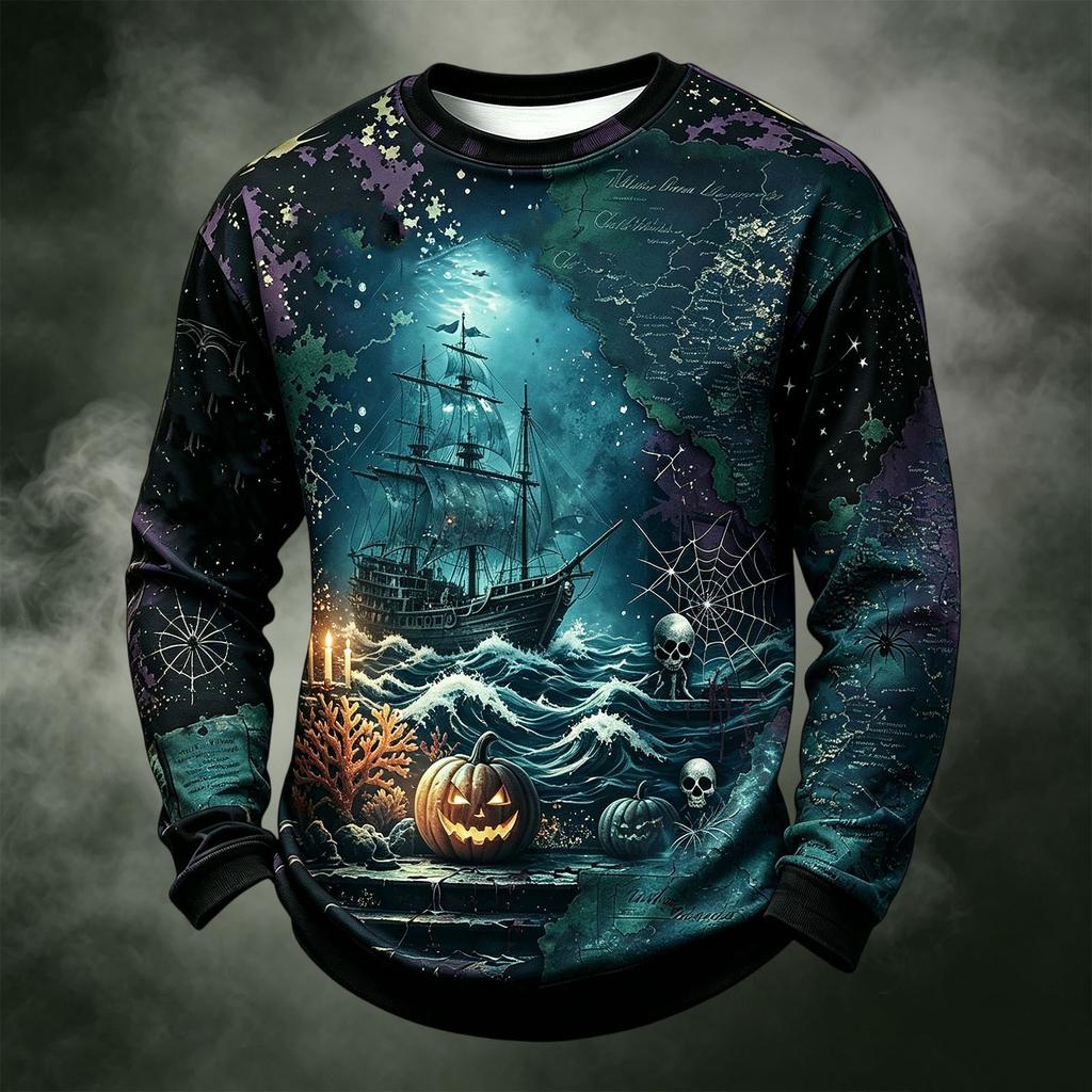 Men's Casual Long Sleeve Crewneck Halloween Print Top