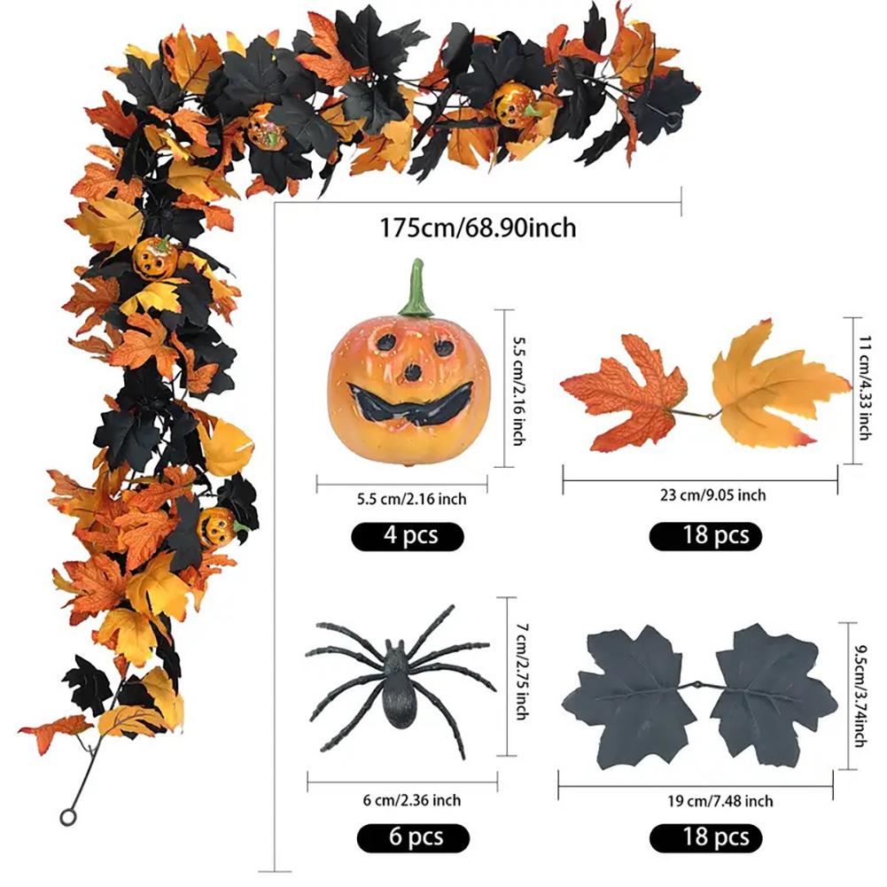 Halloween Spookys Garland 5.74ft Gothic Maple Leaf Pumpkin-Vine with Spiders Accents Colorful Spookys Window Hanging Ornaments