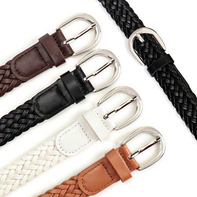 Solid Simple Color Metal Buckle No Punching Imitation Leather Woven Belt Women
