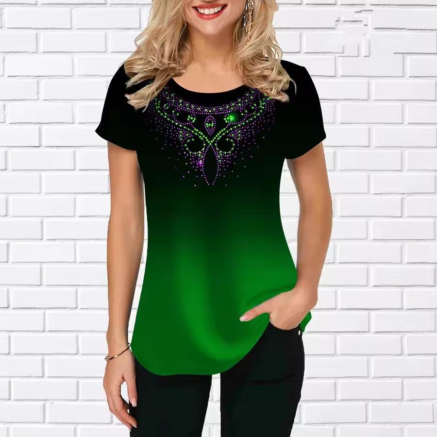 Summer Round Neck 3D Retro Tie Dye Gradient Print Top Fashionable Casual Short Sleeved Women's T-shirts