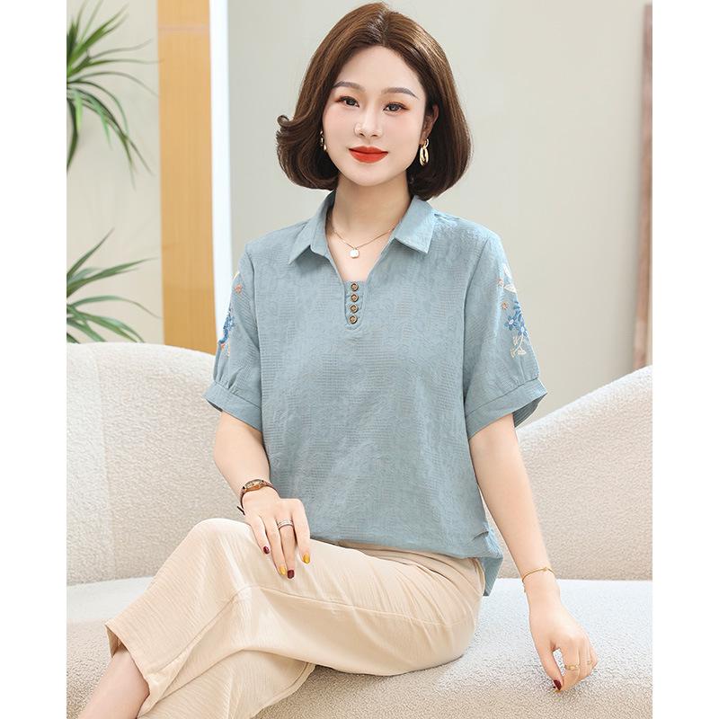 Embroidered Cotton-Linen Shirt: Women's Short Sleeve Loose Casual Top