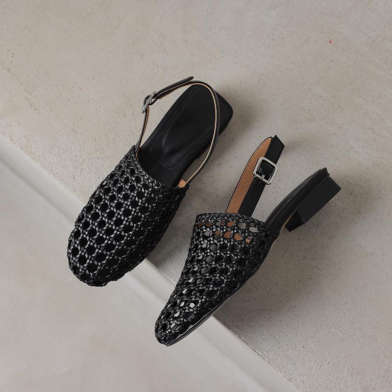 French Woven Cut-Out Chunky Low Heel Closed-Toe Sandals for Women - Summer Versatile Single Strap Round Toe Backless Shoes