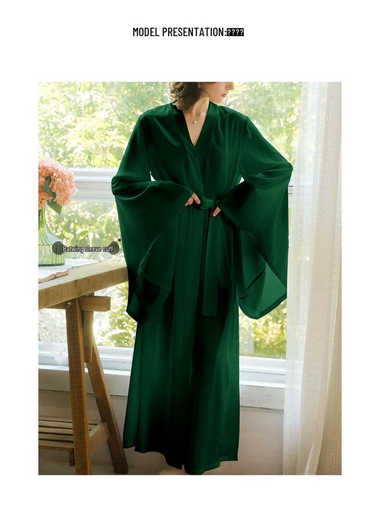 Sweet Satin Open-Front Robe: Deep V, Light Luxury, Tie-Waist, Wide Sleeves Homewear.