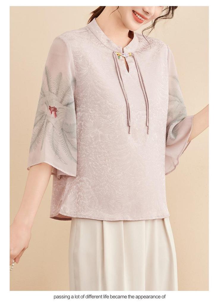 Mom's Stylish Chinese Stand Collar Chiffon Top for Spring/Summer - Seven-Sleeve Blouse for Middle-Aged & Elderly Women