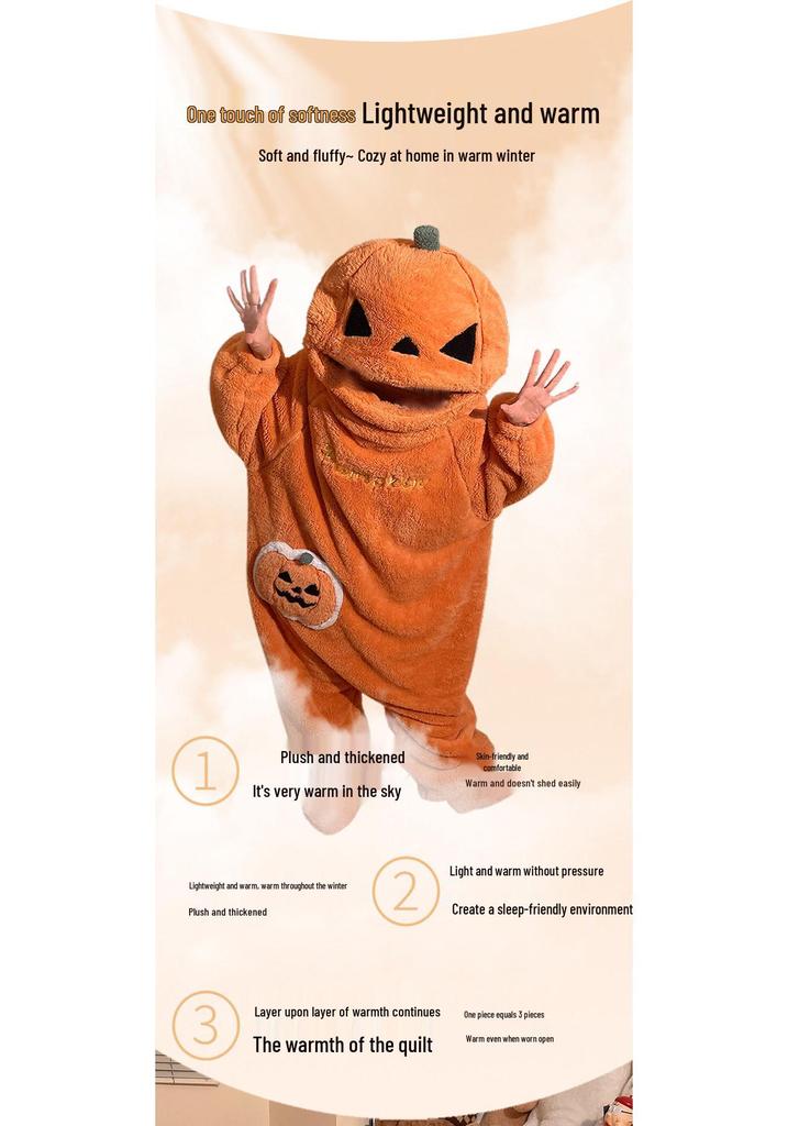Damen Fleece-gefütterte Halloween-Pyjamas - Einteiler Cartoon-Kürbis-Design für Herbst/Winter Hauskleidung oder Outdoor-Bekleidung
