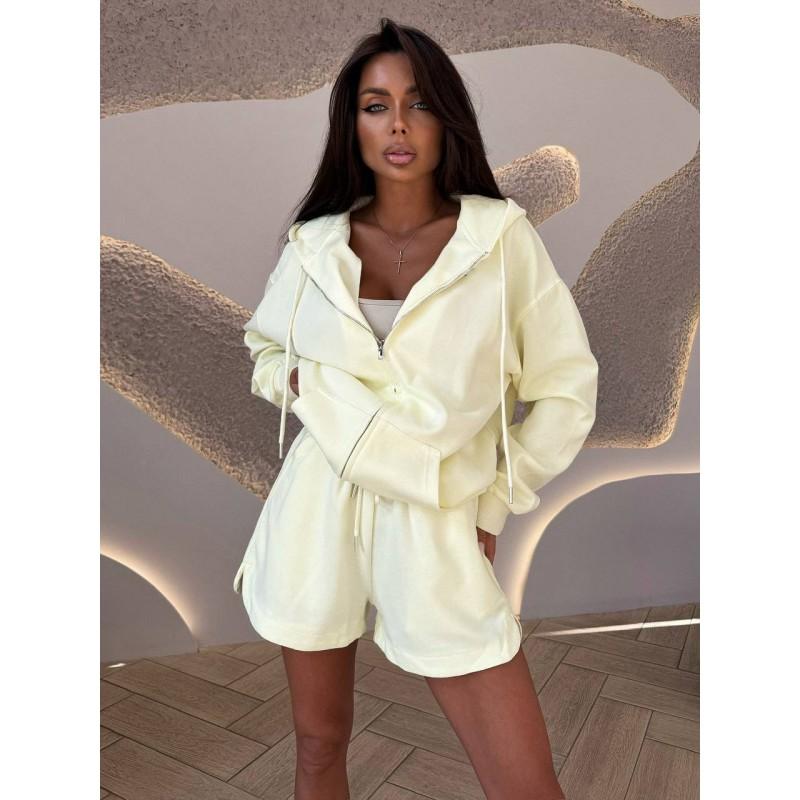 Womens Casual 2-Piece Set Long Sleeve Zip-Up Top Tie-Waist Shorts Streetwear Outfit