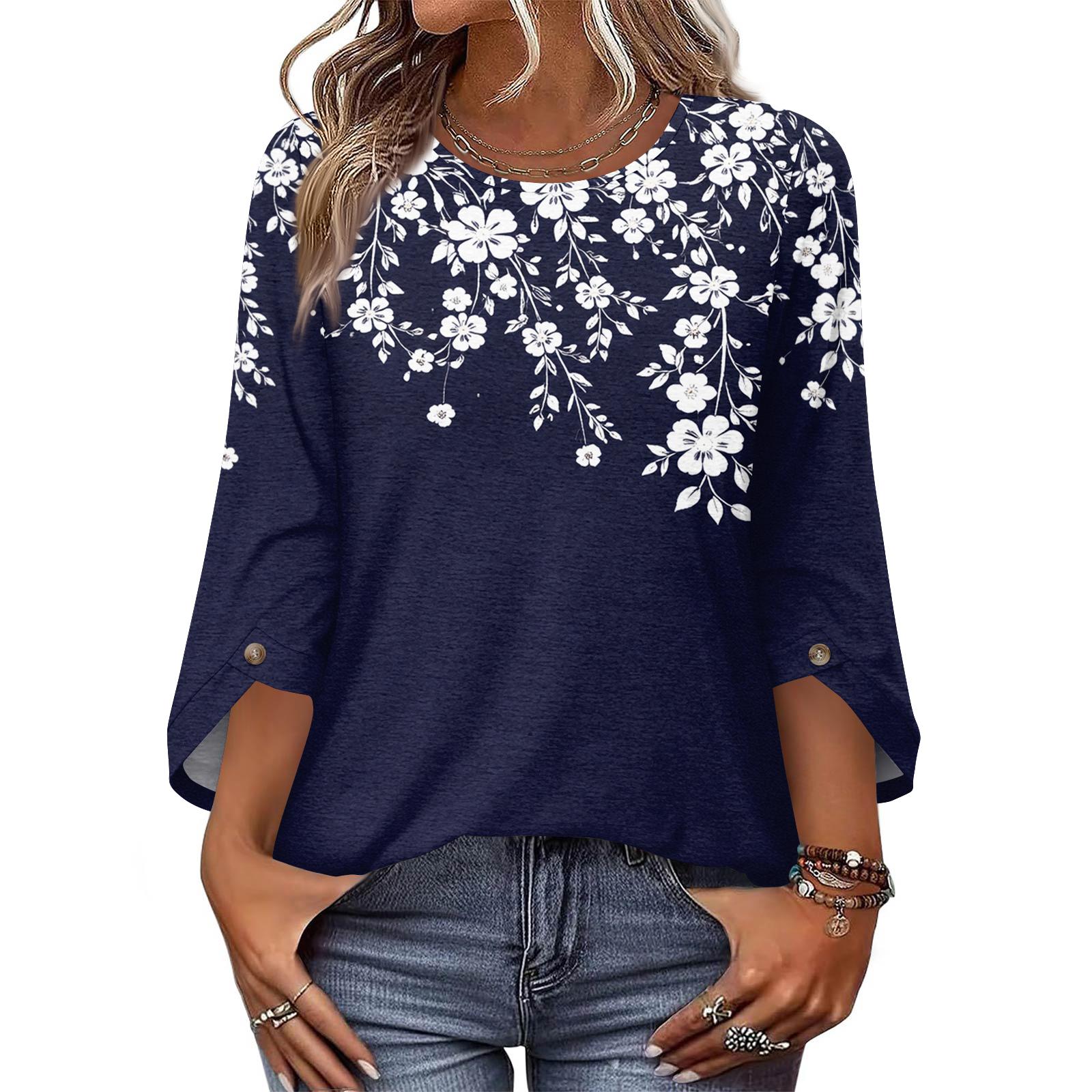 

Womens Tops 3/4 Length Sleeve Dressy Casual Blouses For Women Trendy Round Neck T Shirts L синий